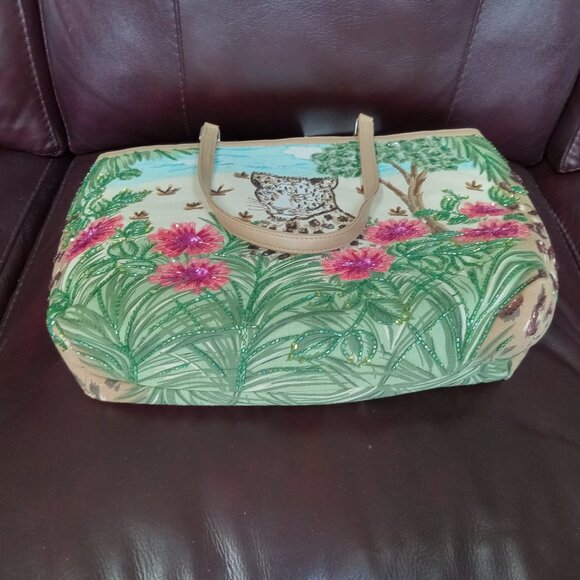 $100 NWT! Exquisite Tote w/Sparkly Flowers & Leopard - Picture 10 of 12